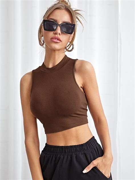 Mock Neck Rib Knit Tank Top Cropped Tank Top Outfit Tank Top Outfits Knitted Tank Top Women