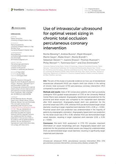 PDF Use Of Intravascular Ultrasound For Optimal Vessel Sizing In