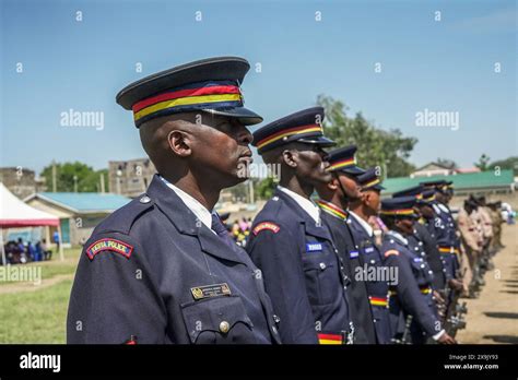 Kenyan Police Officers Wearing Ceremonial Uniform Participate In A