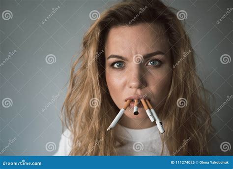 Stressed Woman Being Heavy Smoker Stock Image Image Of Nervous Miserable 111274025