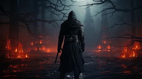 Premium Ai Image Mysterious Dark Forest With A Hood In A Mysterious