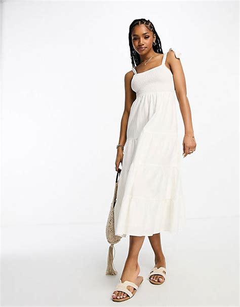 Miss Selfridge Linen Look Frill Strap Tiered Maxi Dress In Ivory Asos