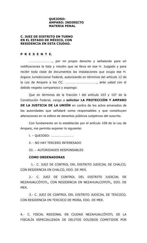 Modelo DE Amparo VS Orden DE Aprehensión 2 QUEJOSO AMPARO INDIRECTO