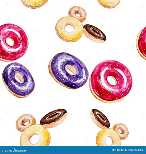 Watercolor Pattern Donuts In Multicolor Glaze Illustration Isolated On