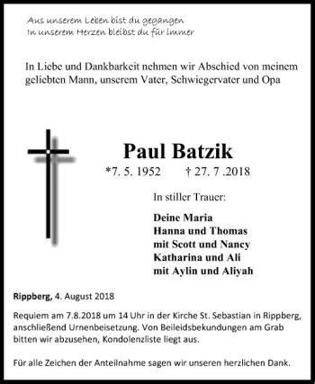 Traueranzeigen Von Paul Batzik Trauerportal Ihrer Tageszeitung