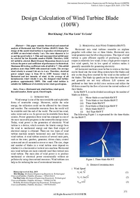 Pdf Design Calculation Of Wind Turbine Blade 100w