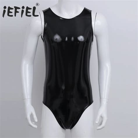 Iefiel Men Lingerie Wetlook Sexy Clubwear One Piece Sleeveless Leotard