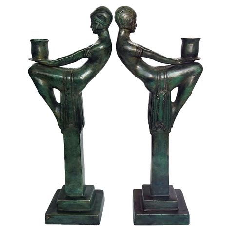 Pair Of Art Deco Candle Holders Seated Nude In The Style Of Max Le