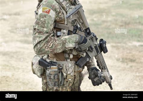 Soldier with assault rifle and flag of Bhutan on military uniform ...