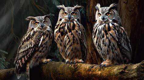 Three Owls Sitting On A Branch In A Wild Forest Background Colored