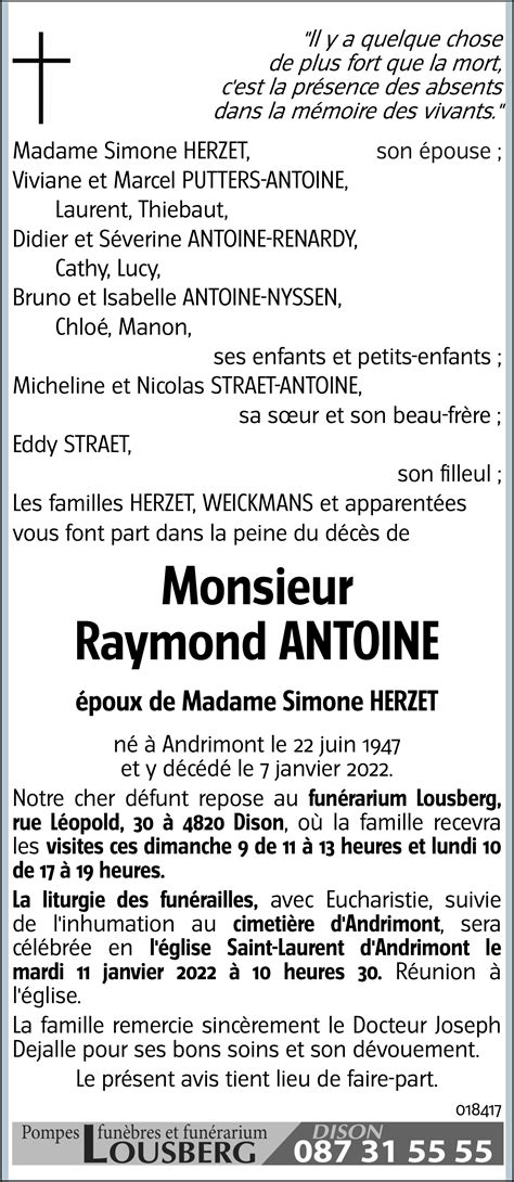 Raymond ANTOINE 07 01 2022 Avis nécrologique lavenir net