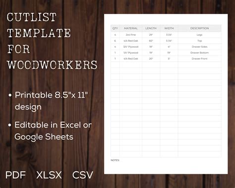 Simple Lumber Cutlist Template For Woodworkers Pdf Xlsx Csv Files