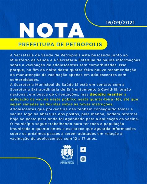 Petrópolis mantém vacinação de adolescentes sem comorbidades até sanar