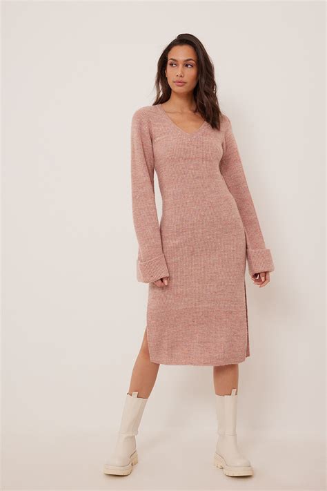 V Neck Knitted Midi Dress Pink Na