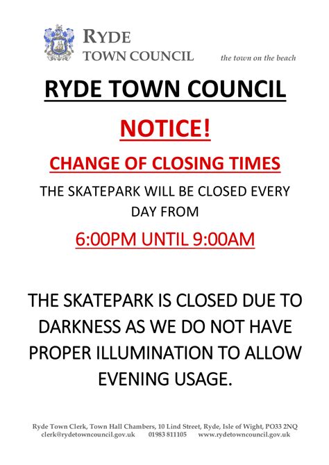 Amendment to Skatepark Opening Times – Ryde Town Council