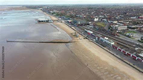 Aerial Footage Of The Seaside Beach Town Of Cleethorpes Showing The