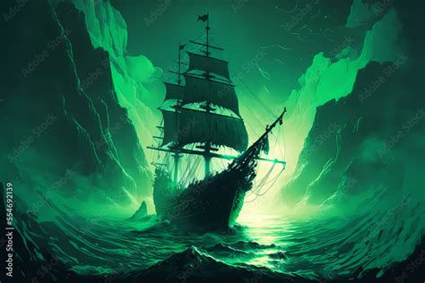 undead pirate ship in the sea ocean, black white green background, at ...