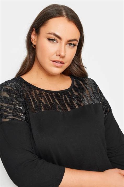 Yours Plus Size Black Sequin Mesh Top Yours Clothing