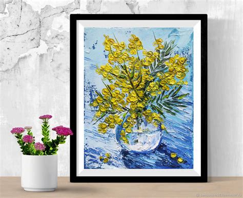 Картина с желтыми цветами мимоза в вазе маслом в интернет-магазине ...