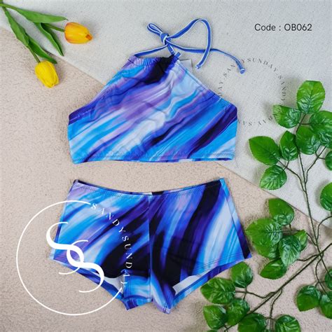 Jual Cora Bikini Boxer High Neck Croptop Bikini Set Boxer Bikini Pantai Wanita Motif Polos