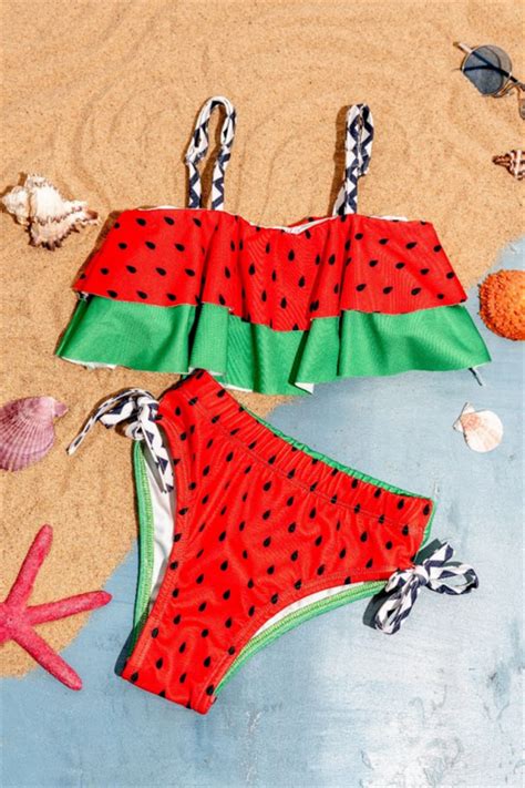 Kız Çocuk Bikini Takımı Çilek Desenli Fırfırlı 2 li Mayo Seti