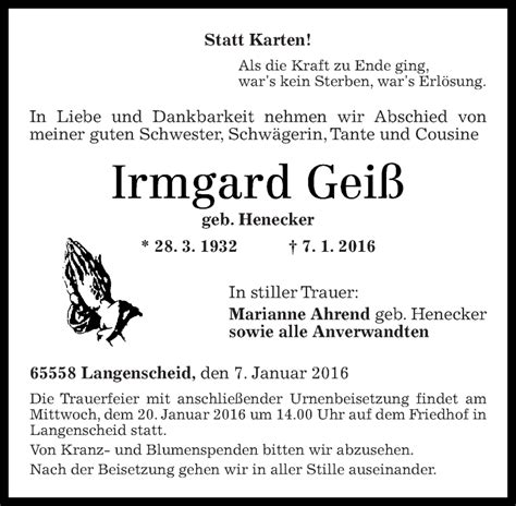 Traueranzeigen Von Irmgard Gei Rz Trauer De