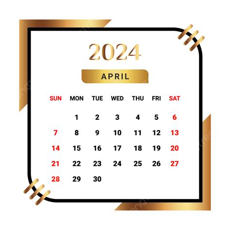 Calendario Del Mes De Abril De 2024 Con Negro Y Dorado Vector PNG