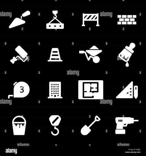 Vector White Construction Icons Set On Black Background Stock Vector