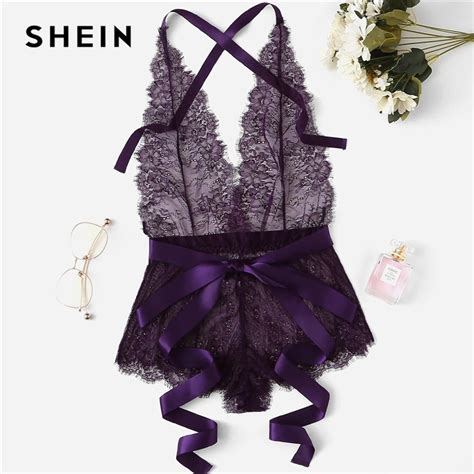 Shein Purple Eyelash Lace Criss Cross Back Ribbon Bow Knot Waist Teddy Romper Bodysuit Sexy