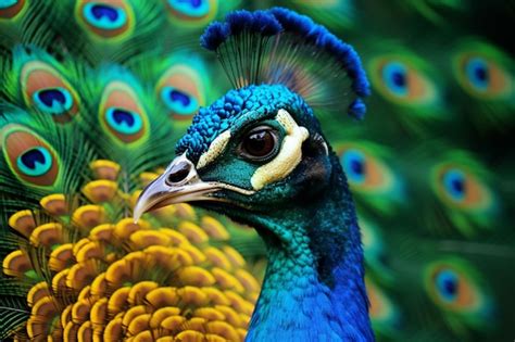 Un Pavo Real Con Una Cabeza De Plumas Azules Y Amarillas Foto Premium