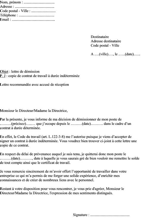 Mod Le De Lettre De D Mission Dans Le Cadre Dun Contrat Dur E