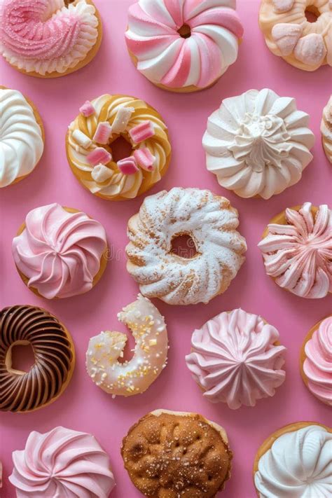 Delicious Assortment Of Decorative Donuts On Pink Background A Tempting