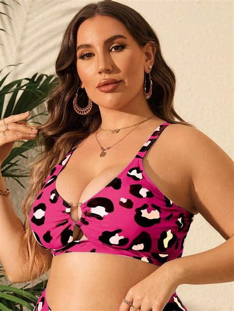 SHEIN SXY Plus Leopard Print Ring Linked Bikini Top SHEIN USA