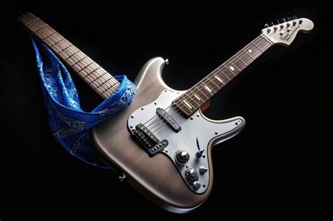 A Silver Electric Guitar With A Blue Bandana Tied Around The Headstock Isolated On A Black