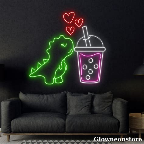 Glowneon Dinosaur Bubble Tea Neon Sign Bubble Tea Led Sign Boba Tea