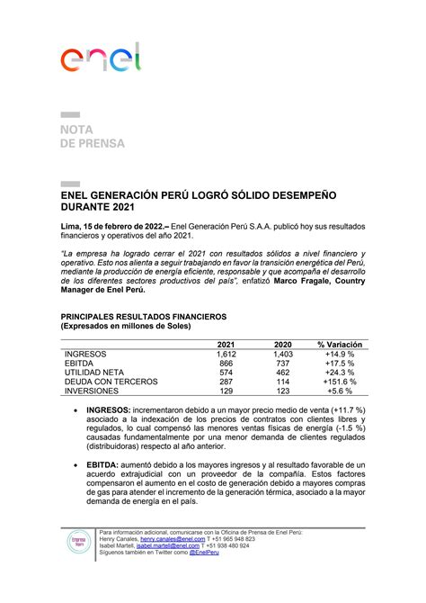 Enel GeneraciÓn PerÚ LogrÓ SÓlido DesempeÑo Durante 2021 By Sociedad