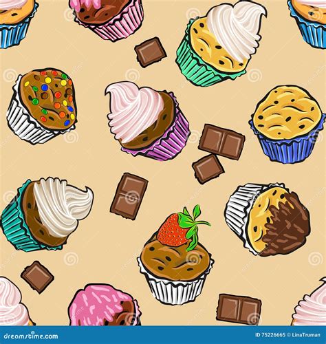 Seamless Pattern Cupcakes With Cream And Chocolate Vector Stock Vector