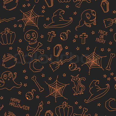 Happy Halloween Seamless Pattern With Pumpkins Skulls Cats Spiders