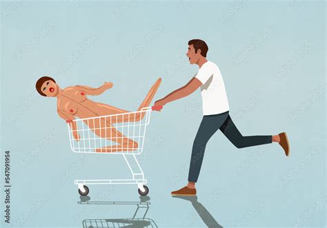 Man Running Pushing Inflatable Sex Doll In Shopping Cart Stock Illustration Adobe Stock