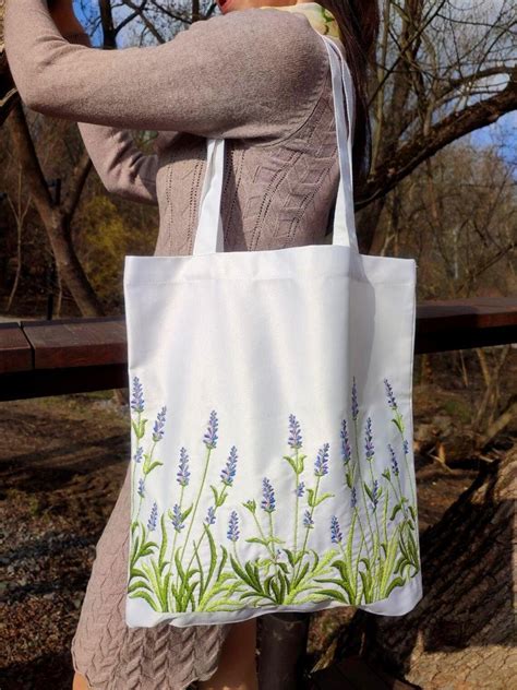 Lavender Linen Tote Bag Botanical Embroidery Reusable Bag Etsy