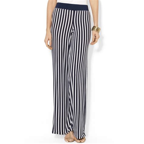 Lauren By Ralph Lauren Wide Leg Striped Pants In Blue Capri Navy White