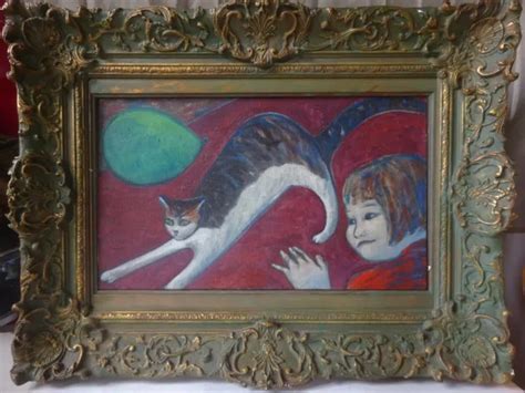 Tableau Ancien Peinture Huile Sur Toile Jeune Fille Et Le Chat Eur