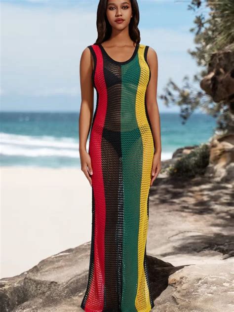 EDOLYNSA Sexy Striped Knitted Hollowed Out Women Bohemian Vest Dress Vacation Swimsuit Bikini