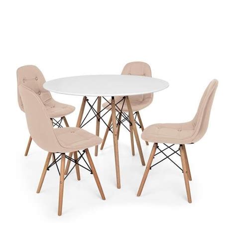 Conjunto Mesa Eiffel Branca cm Cadeiras Dkr Charles Eames Wood Estofada Botonê Nude