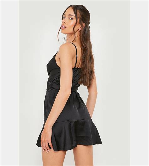 Buy Boohoo Satin Wrap Frill Mini Dress In Black 6thstreet Saudi Arabia