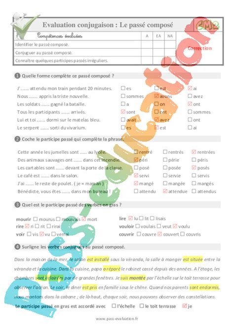 Le passé composé au Cm2 Evaluation QCM Quiz à imprimer