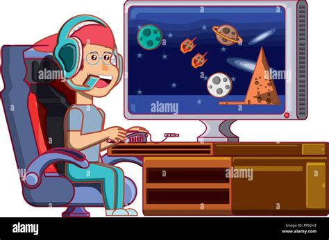 cartoon boy playing videogames  television  white background