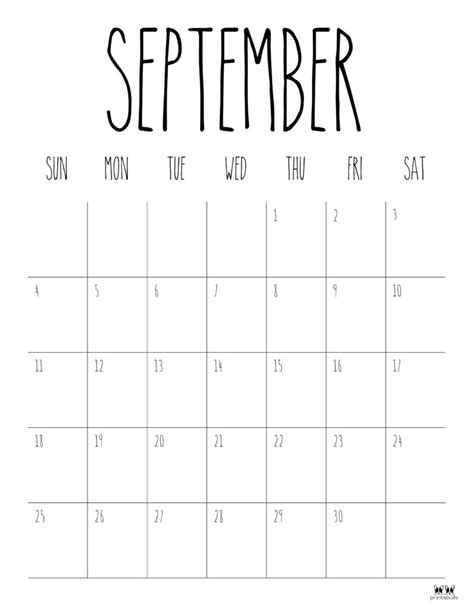 September Calendar Clipart Bw