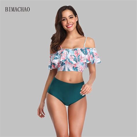 Bimachao Sexy Ruffled Bikini Set Women High Waisted Two Piece Swimsuit