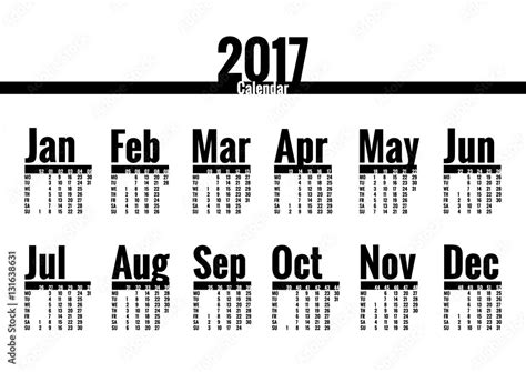 Calendar vector template for 2017 year. Week starts on Monday. Plain ...